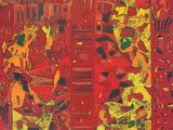 an image of a painting of a group of people on a red background