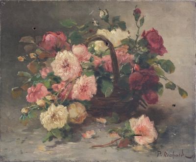 a painting of a basket of flowers on a table