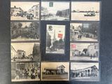 several old black and white photos of people and vehicles in a town
