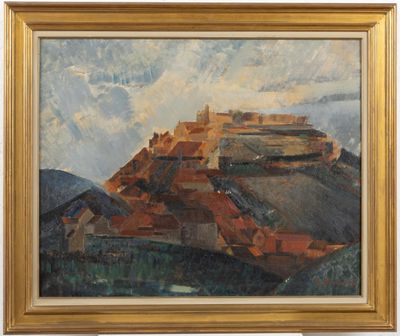 an image of a painting of a castle on top of a hill