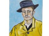 tableau représentant un homme vêtu d'un manteau jaune et d'un chapeau noir
