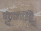 tableau représentant un homme à cheval devant un bâtiment