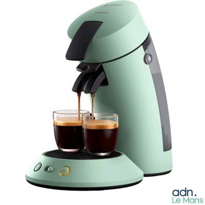 an image of a green coffee maker with two cups of coffee