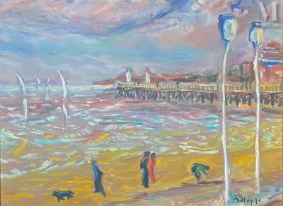 tableau représentant des personnes et des chiens sur la plage, avec une jetée en arrière-plan