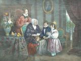 a painting of a family sitting together in a room