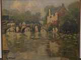 tableau représentant une scène fluviale avec un pont et des maisons en arrière-plan