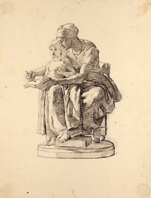 un vieux dessin représentant un homme et un enfant assis sur une chaise