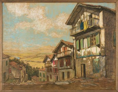 une image représentant une peinture d'une scène de rue avec des bâtiments