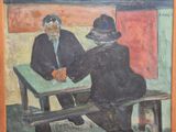un tableau représentant deux hommes assis à une table en train de se serrer la main
