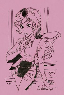 un dessin en noir et blanc représentant une femme en jupe courte