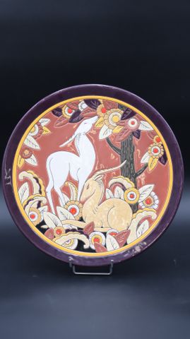 LONGWY. Création GIL. « Congo ». Plat en faïence polychrome. Ex n...