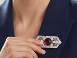 a woman that is wearing a brooch with a red stone