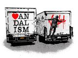 tableau représentant un homme debout sur un camion recouvert de graffitis