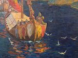 a painting of a boat with people on it in the water
