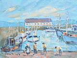 a painting of a harbor scene with boats and people