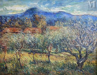 une peinture à l'huile représentant un champ avec des arbres et des montagnes en arrière-plan