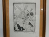 dessin d'un homme et d'un chien avec un moulin à vent en arrière-plan