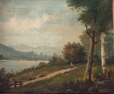 tableau représentant un homme et une femme assis sur un banc au bord d'un lac