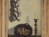 painting of a still life of garlic, bread, and a candle