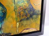 un tableau représentant un oiseau perché sur une table