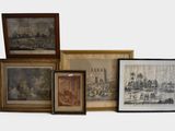 several framed and unframed pictures of a city and a river