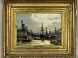 une image d'une peinture représentant une scène de port avec des bateaux dans l'eau