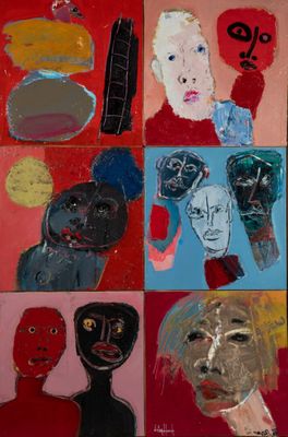 tableau représentant un groupe de personnes aux visages variés sur un fond rouge