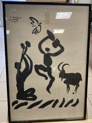 framed artwork of a man and woman with a dog in a room