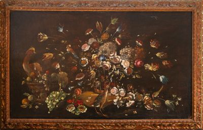 painting of a still life of flowers and fruit in a vase on a table