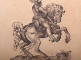 an old drawing of a man riding a horse with a hat on