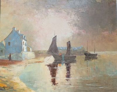 un tableau représentant des bateaux sur l'eau près d'une maison