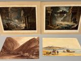 trois tableaux encadrés représentant un paysage avec une montagne et une rivière