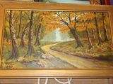 a picture of a painting of a road in the woods