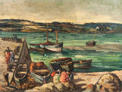 a painting of a group of people on the beach