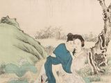 chinese painting of a woman and child sitting under a tree in a field