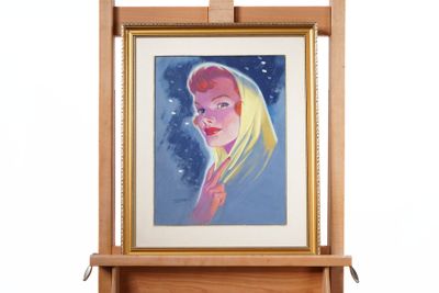 painting of a woman with blonde hair and blue eyes in a wooden frame