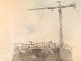 a painting of a construction site with a crane in the background