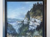 peinture représentant un paysage de montagne avec une rivière et des arbres au premier plan
