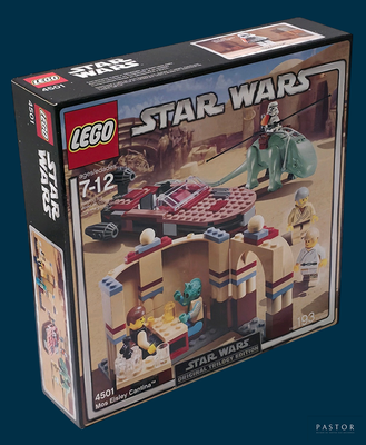 une boîte contenant des sets Lego Star Wars sur fond bleu