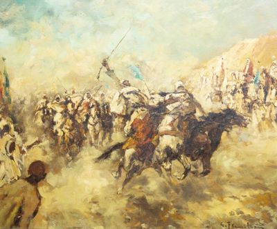 une peinture représentant un groupe d'hommes à cheval
