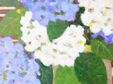 a painting of blue and white hydrants in a vase