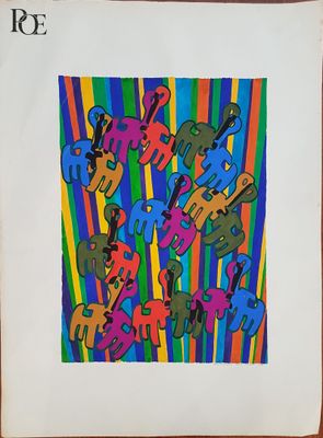 un tableau représentant un groupe de chats sur un fond rayé aux couleurs vives