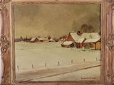an oil painting of a snowy landscape with a farm in the background