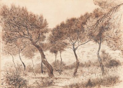 drawing of a landscape with trees in the foreground and a stream in the foreground