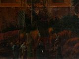 a painting of a group of people standing in front of a building
