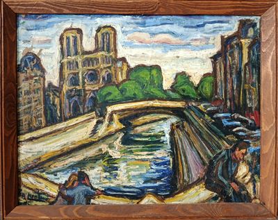 an oil painting of a painting of a bridge over a river