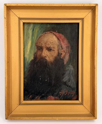 painting of an old man with a beard and a red hat