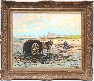 an oil painting of a horse drawn carriage on a beach