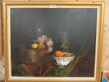 a painting of a bowl of oranges and a vase on a table
