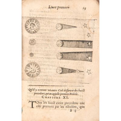 an old book with a drawing of a sun and moon on it